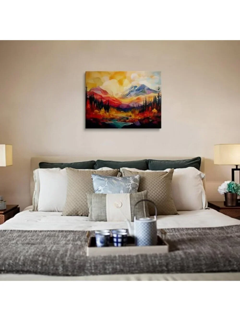 Abstract Mountain Sunset Canvas Art - Framed Geometric Peaks & River Decor 16x24